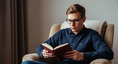 Парень сидит в кресле и читает книгу